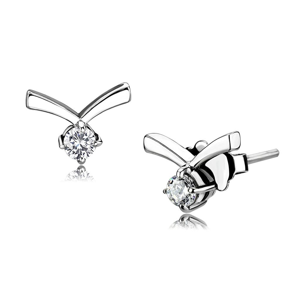 TK3657 - High polished (no plating) Stainless Steel Earrings with AAA Grade CZ in Clear