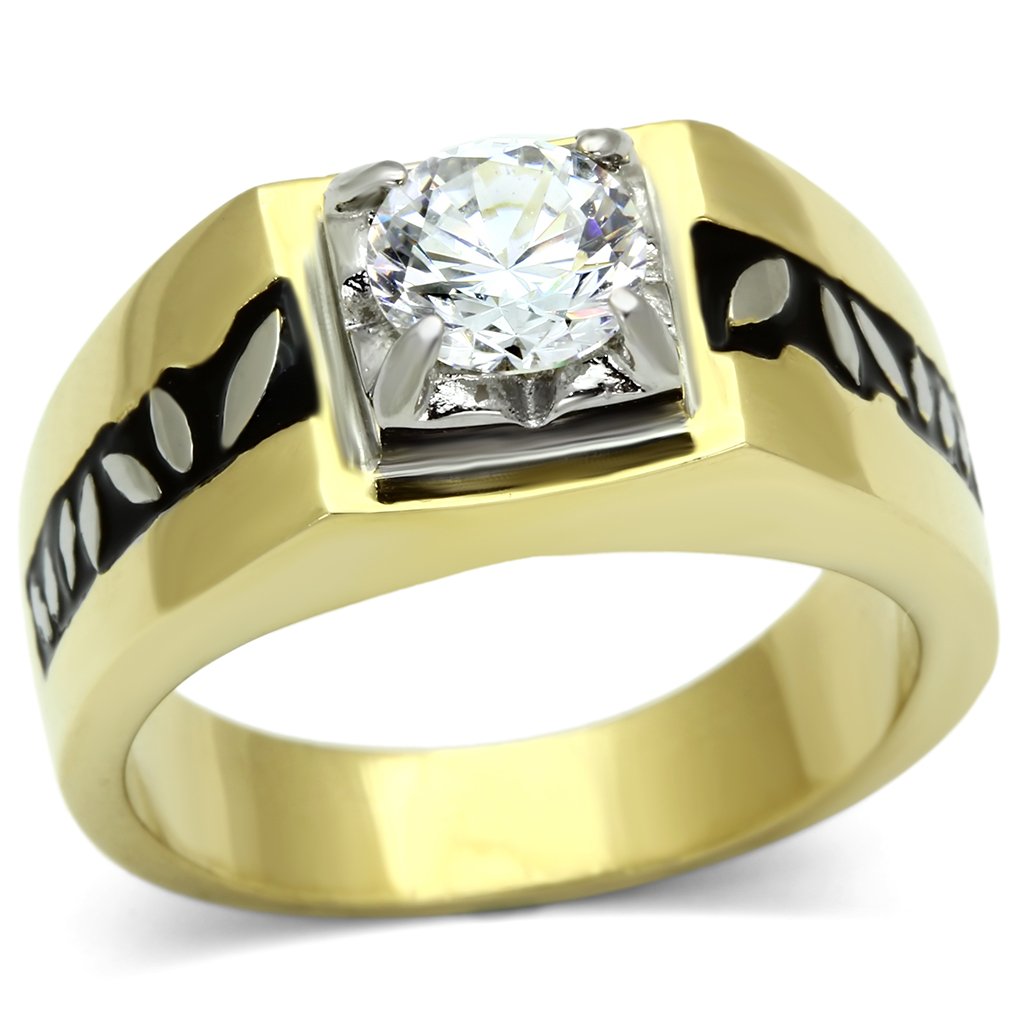TK739 - Two-Tone IP Gold (Ion Plating) Stainless Steel Ring with AAA Grade CZ in Clear