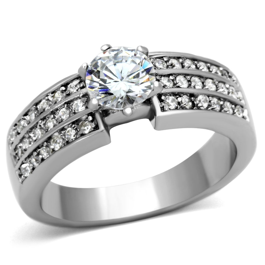 TK997 - High polished (no plating) Stainless Steel Ring with AAA Grade CZ in Clear