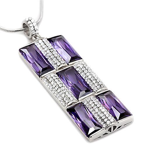 TS026 - Rhodium 925 Sterling Silver Chain Pendant with AAA Grade CZ in Amethyst