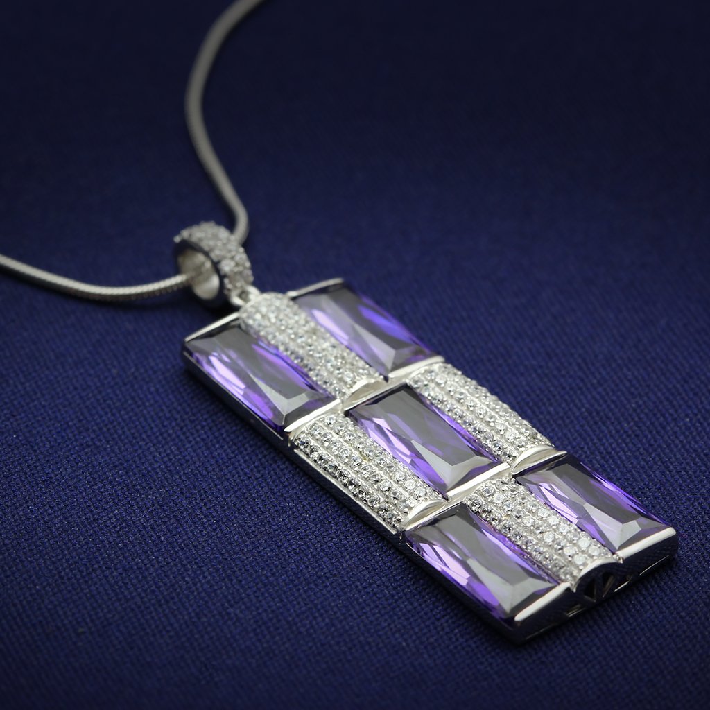 TS026 - Rhodium 925 Sterling Silver Chain Pendant with AAA Grade CZ in Amethyst