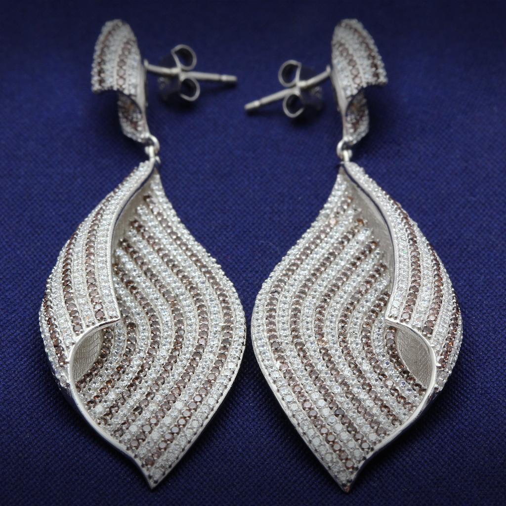 TS033 - Rhodium 925 Sterling Silver Earrings with Assorted in Brown