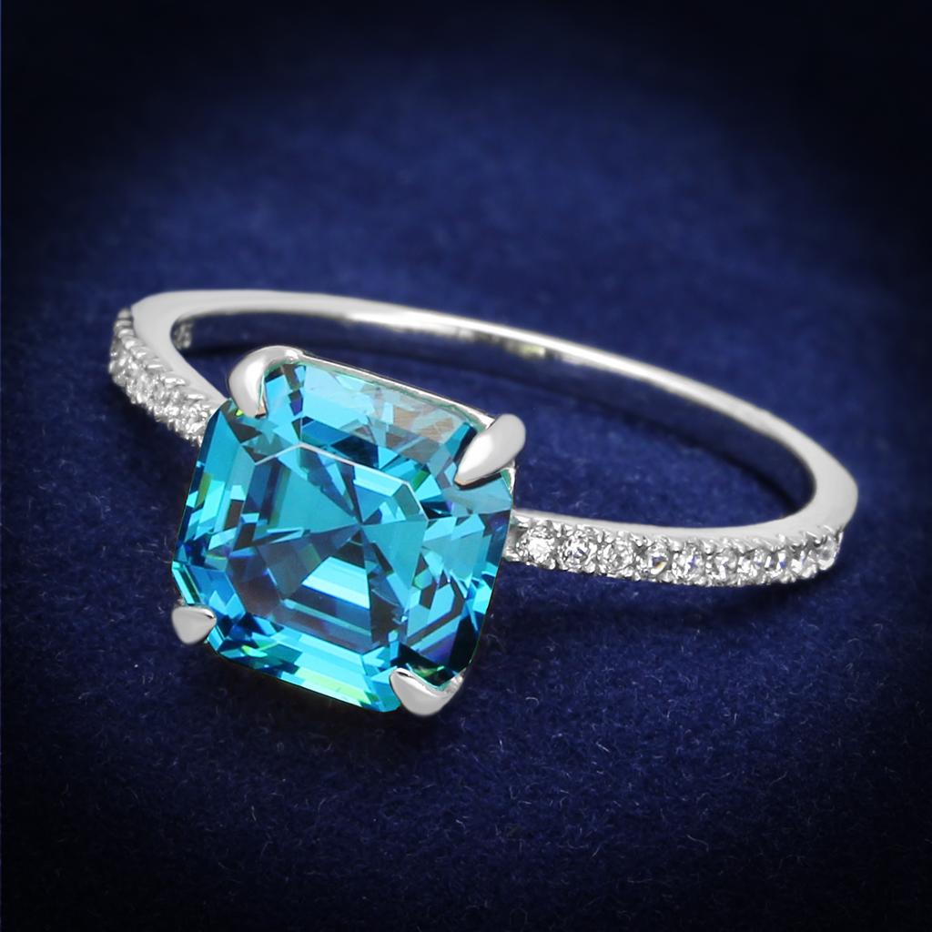 TS178 - Rhodium 925 Sterling Silver Ring with Cubic in Sea Blue