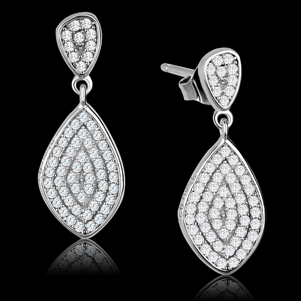 TS325 - Rhodium 925 Sterling Silver Earrings with AAA Grade CZ in Clear