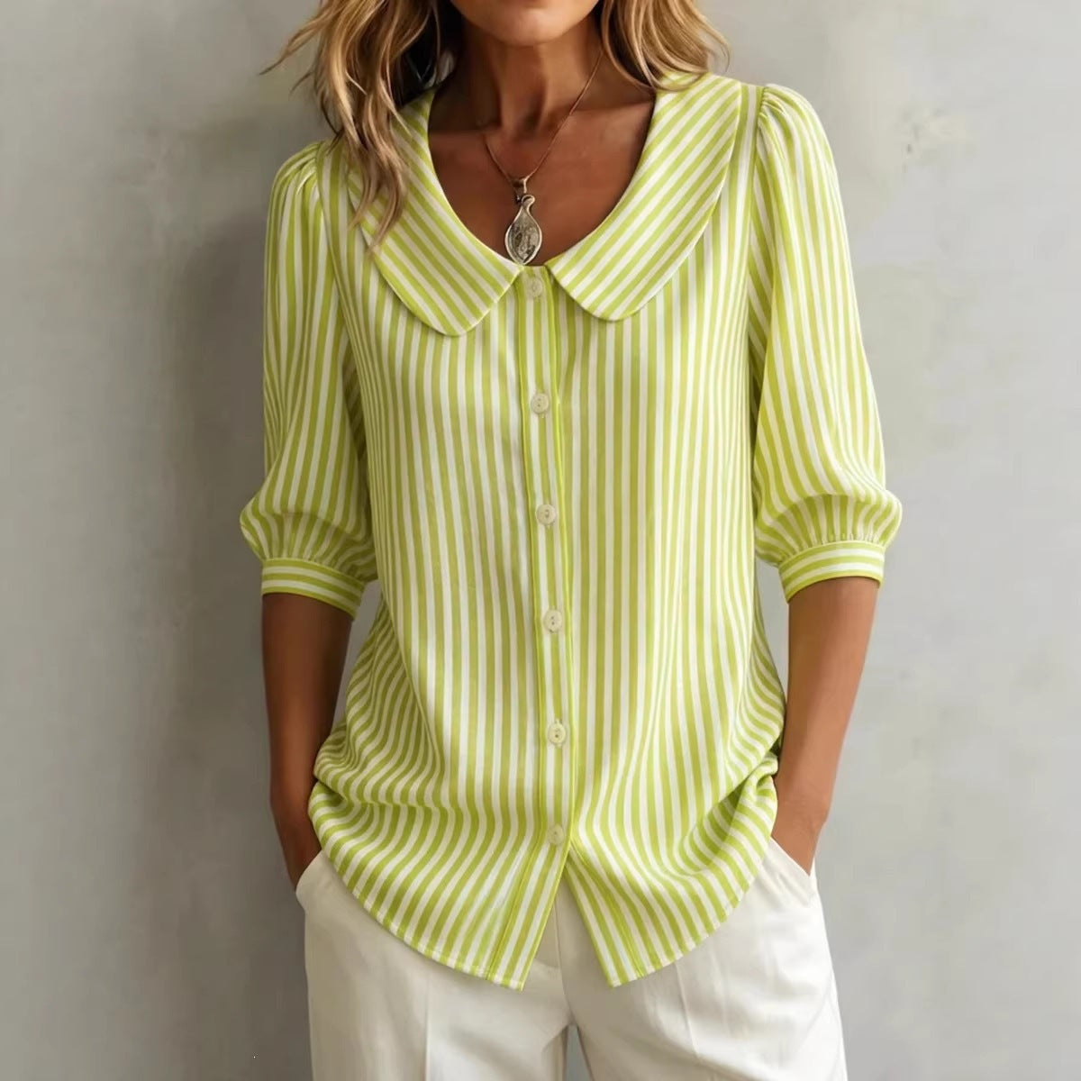 Mid-sleeve Striped V-neck Shirt Top T-shirt Womens Clothing