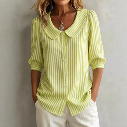 Mid-sleeve Striped V-neck Shirt Top T-shirt Womens Clothing