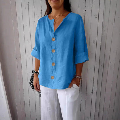 Loose-fit Women's V-neck Cotton-Linen Button T-shirt Top