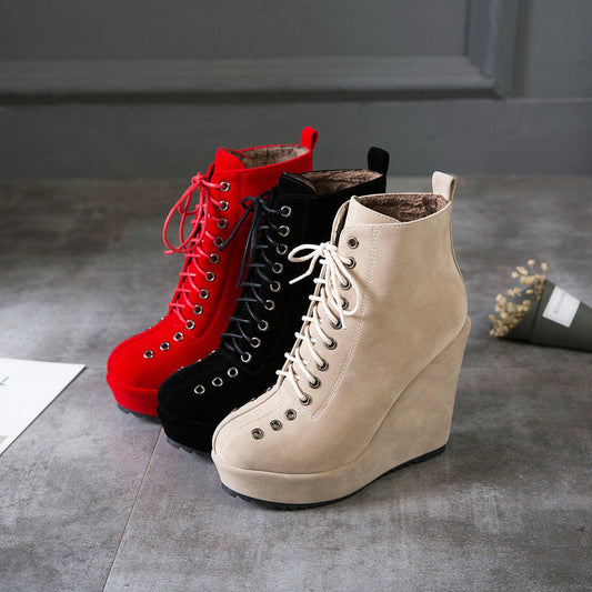High-heeled Sponge Cake Was Thin Suede Lace-up Martin Boots Women