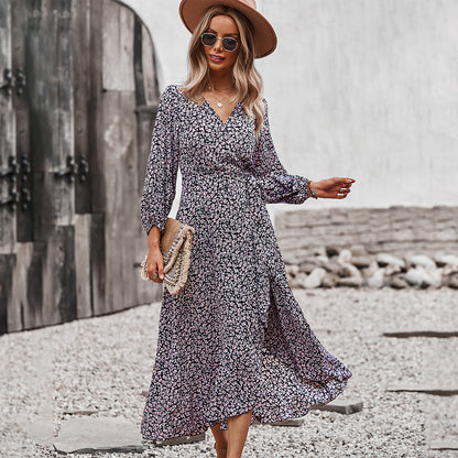 Autumn And Winter Floral Dress With Chest Wrap And Tie Large Swing Skirt Leisure Holiday Style