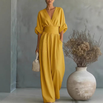 Waist-cinching V-neck Elegant Womens Jumpsuit