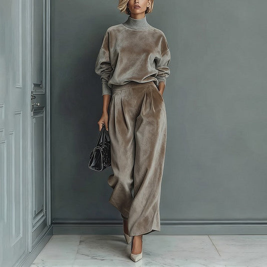 Casual Warm Velour Long-sleeved Solid Color High-neck Zipper Wide-leg Sportswear