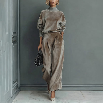 Casual Warm Velour Long-sleeved Solid Color High-neck Zipper Wide-leg Sportswear