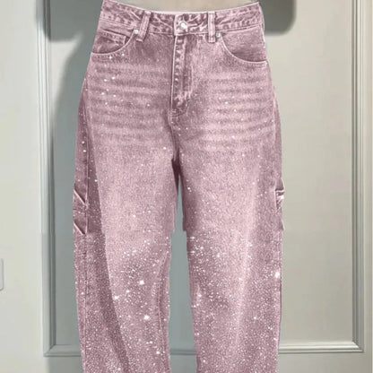 Ins Shiny Straight Jeans With Pockets Fashion Loose Wide-leg Pants For Women Street-style Trousers