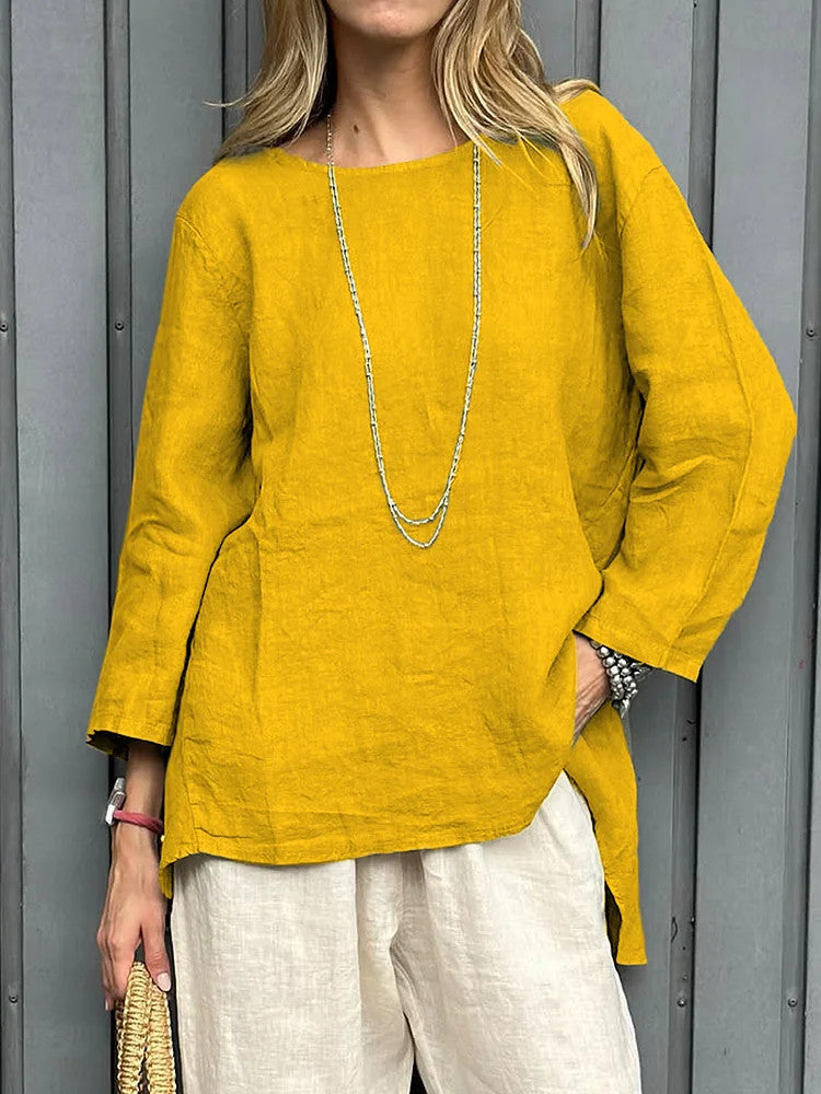 Vintage Cotton-Linen Crew-Neck Long-Sleeve Fashion Blouse For Women