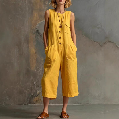 Retro Sleeveless Cotton-Linen Wide-Leg Cropped Jumpsuit
