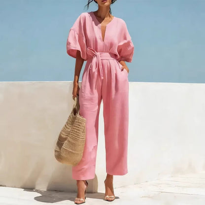 Fashionable V-Neck Solid Color Cotton-Linen Jumpsuit For Women