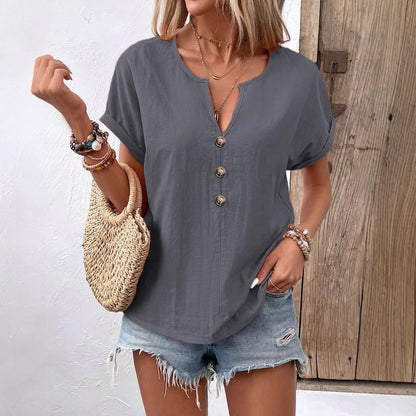 Women's Buttoned V-neck Short-sleeve T-shirt Top