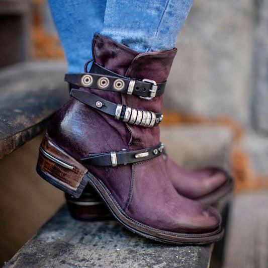 Low-heeled wedge heel round toe short-leg lace-up casual women's boots