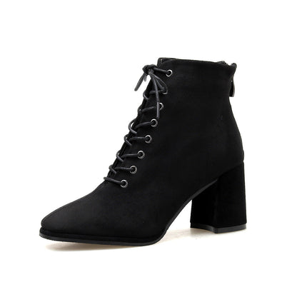 British Style Square Toe Thick Heel Lace High-heeled Martin Boots