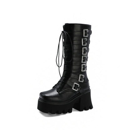 Thick-Heeled High-Heeled Women's Boots With Lace-Up Belt Buckle