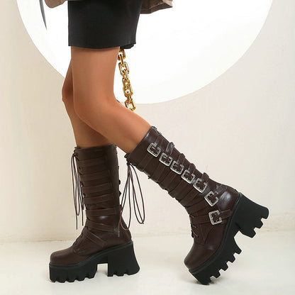 Thick-Heeled High-Heeled Women's Boots With Lace-Up Belt Buckle