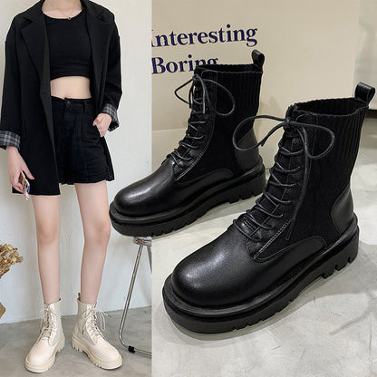 Women's Solid Color Low-Top Autumn Front Lace-up Round-Toe Thick-Heeled High-Top Black Martin Boots