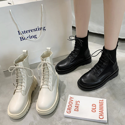 Women's Solid Color Low-Top Autumn Front Lace-up Round-Toe Thick-Heeled High-Top Black Martin Boots