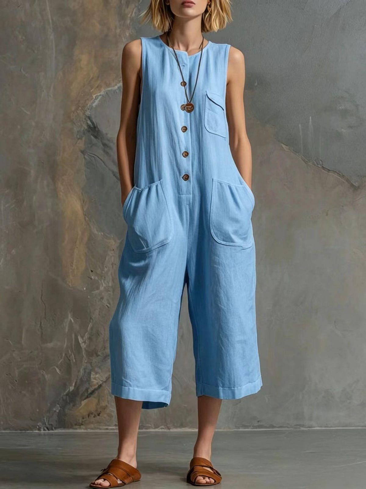 Retro Sleeveless Cotton-Linen Wide-Leg Cropped Jumpsuit