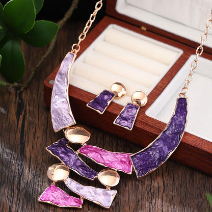 Female Colored Oil Geometric Irregular Earnail Necklace Set