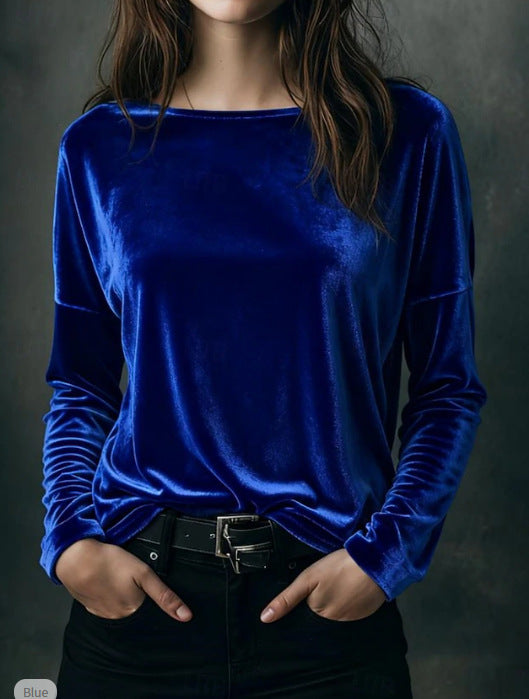 Female Solid Color Loose Fit Crew-neck Pullover Velvet T-shirt