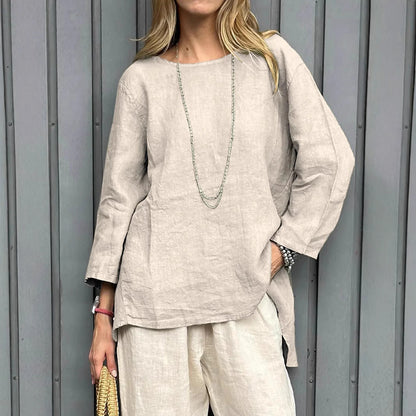 Vintage Cotton-Linen Crew-Neck Long-Sleeve Fashion Blouse For Women