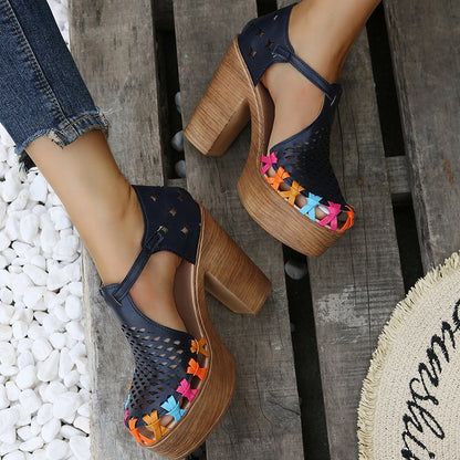 Printed Ethnic Style High-heeled Women's Floral Buckle Chunky Heel Toe Roman Sandals