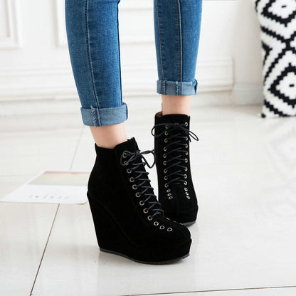 High-heeled Sponge Cake Was Thin Suede Lace-up Martin Boots Women