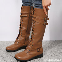 Round Toe Front Lace-up High Tube Side Zipper Knight Boots