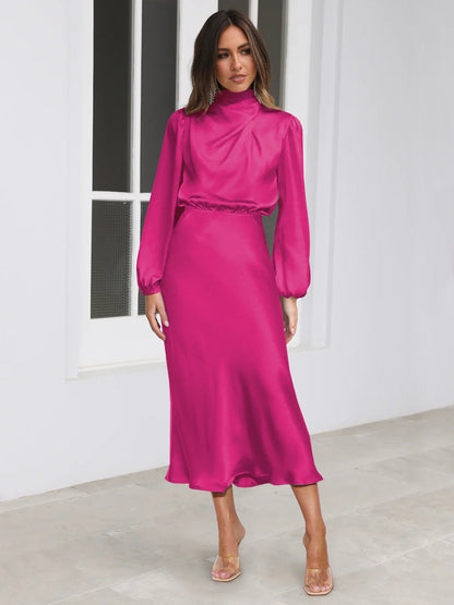Elegant Temperament Long-sleeved Dress Satin Halterneck Formal Evening Dresses Women Clothing