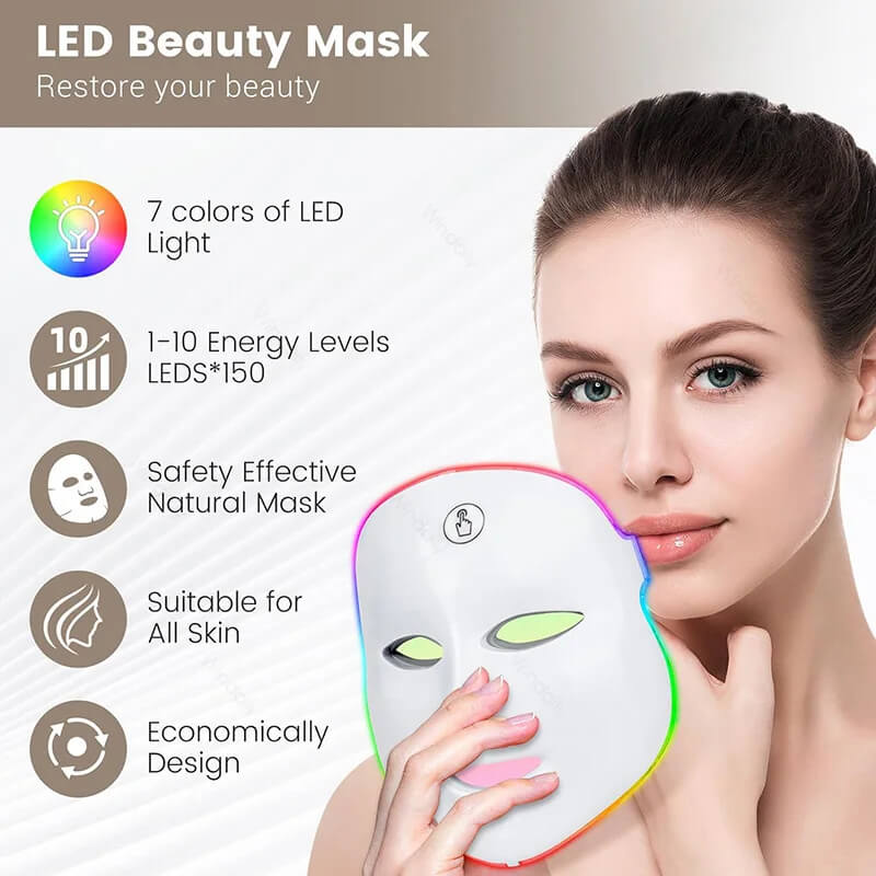 LED beauty mask with woman holding it, featuring text about its features.