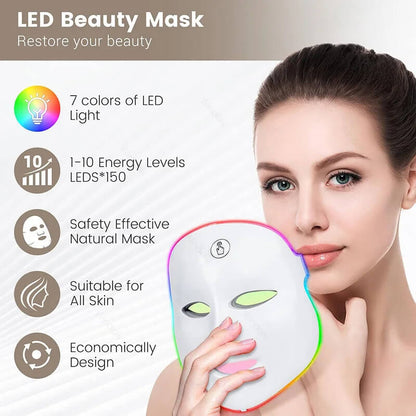 LED beauty mask with woman holding it, featuring text about its features.