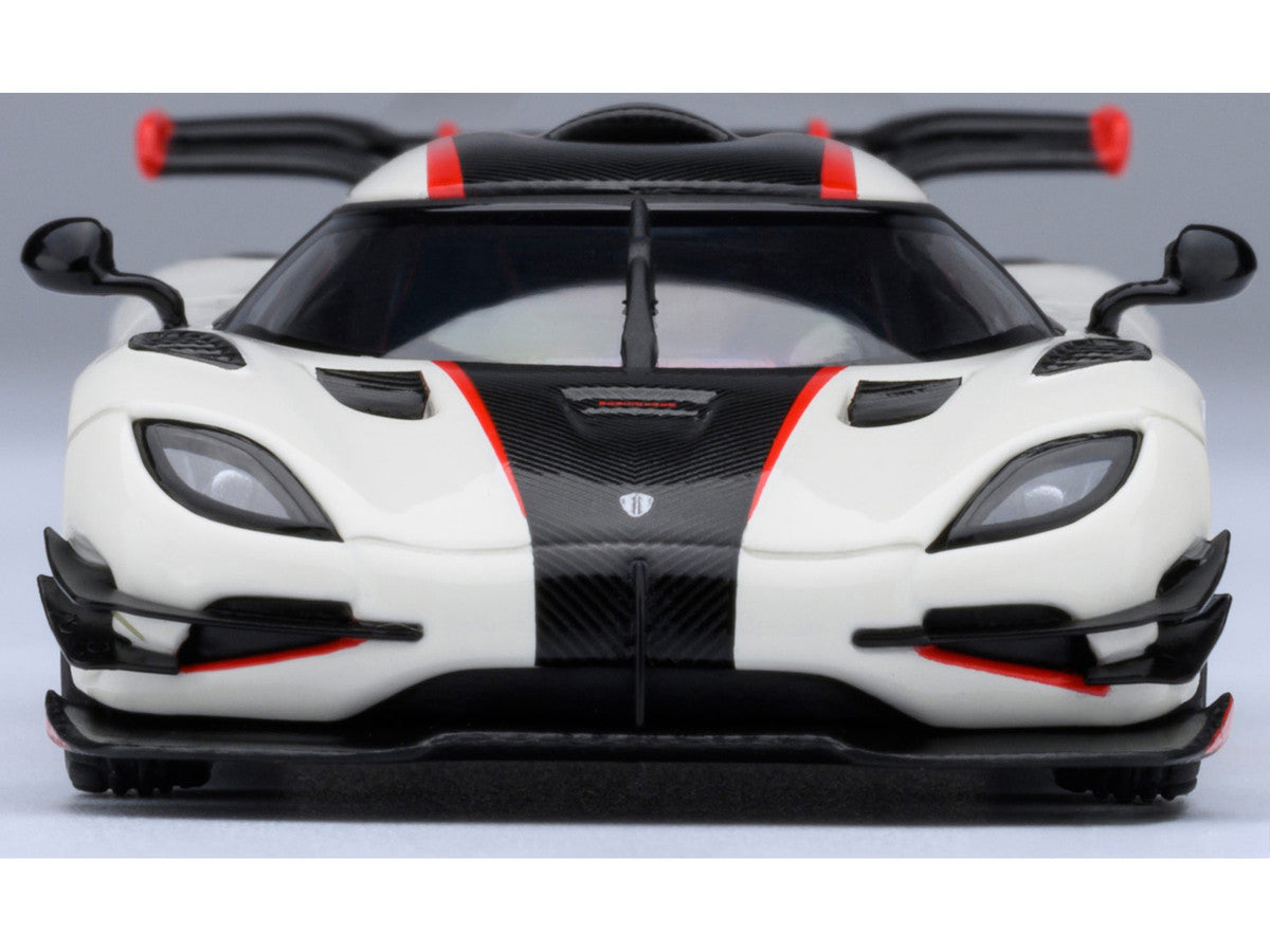Koenigsegg One:1 Pebble White with Carbon and Red Stripes 1/64 Model Car by Autoart