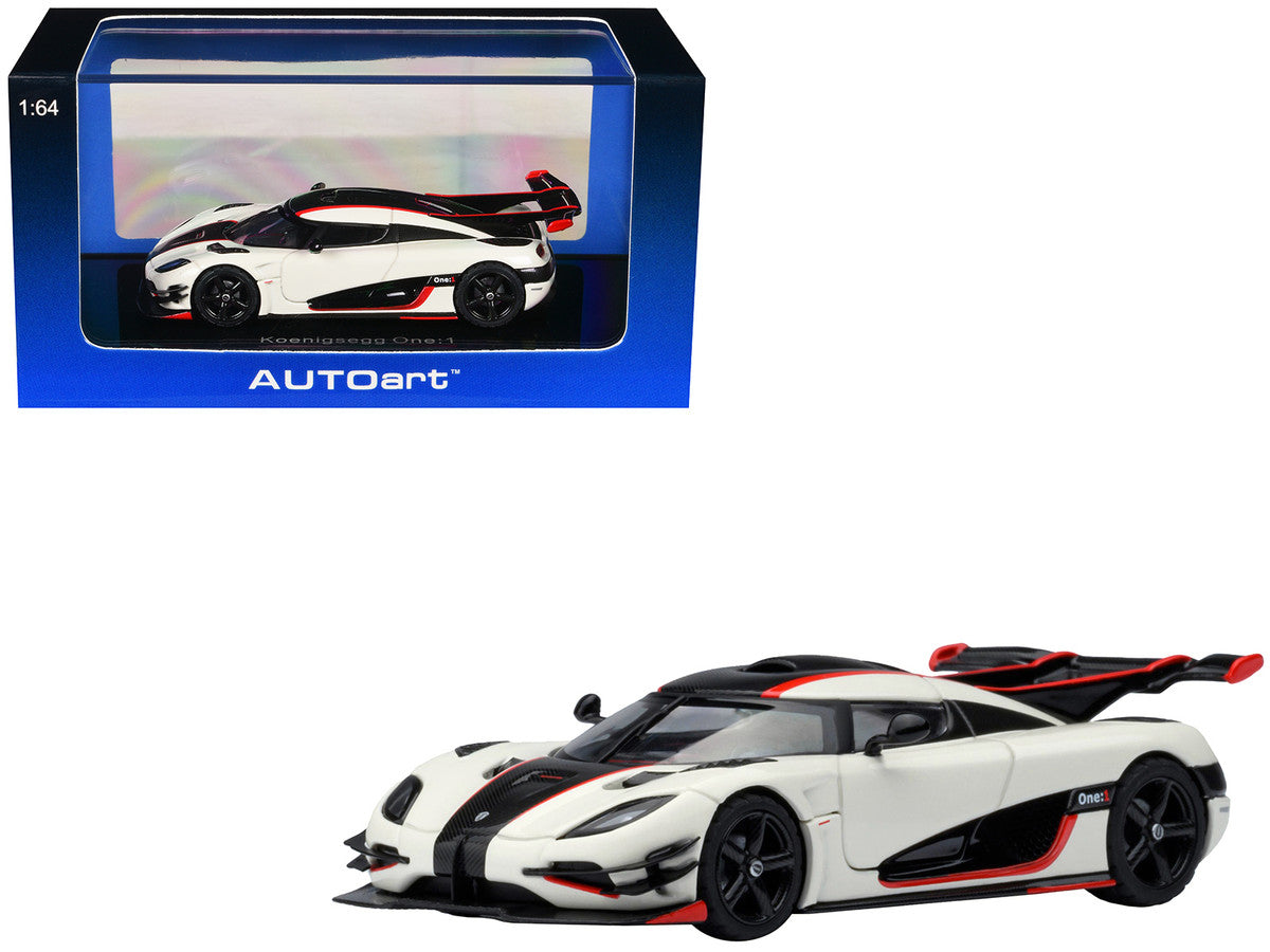 Koenigsegg One:1 Pebble White with Carbon and Red Stripes 1/64 Model Car by Autoart