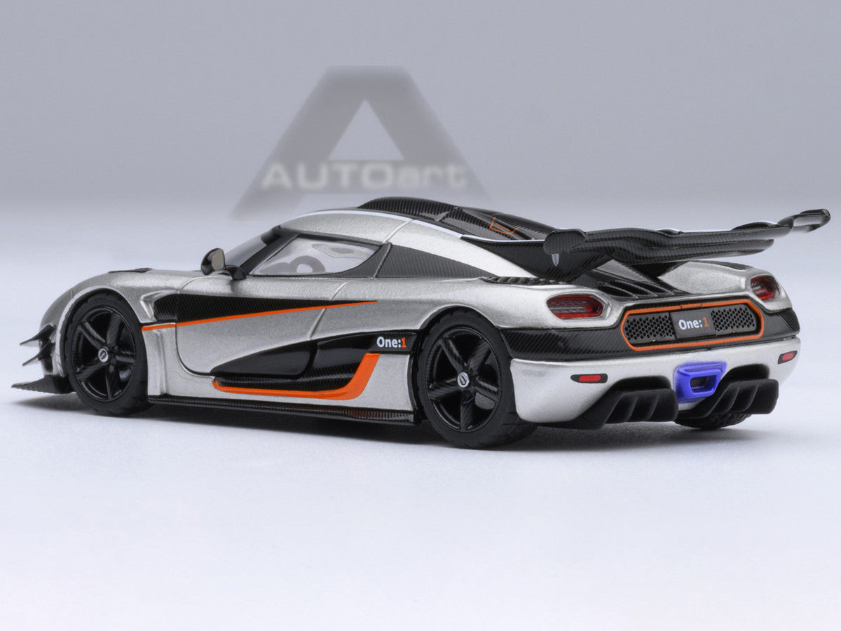Koenigsegg One:1 Moon Gray Metallic with Carbon and Orange Stripes 1/64 Model Car by Autoart