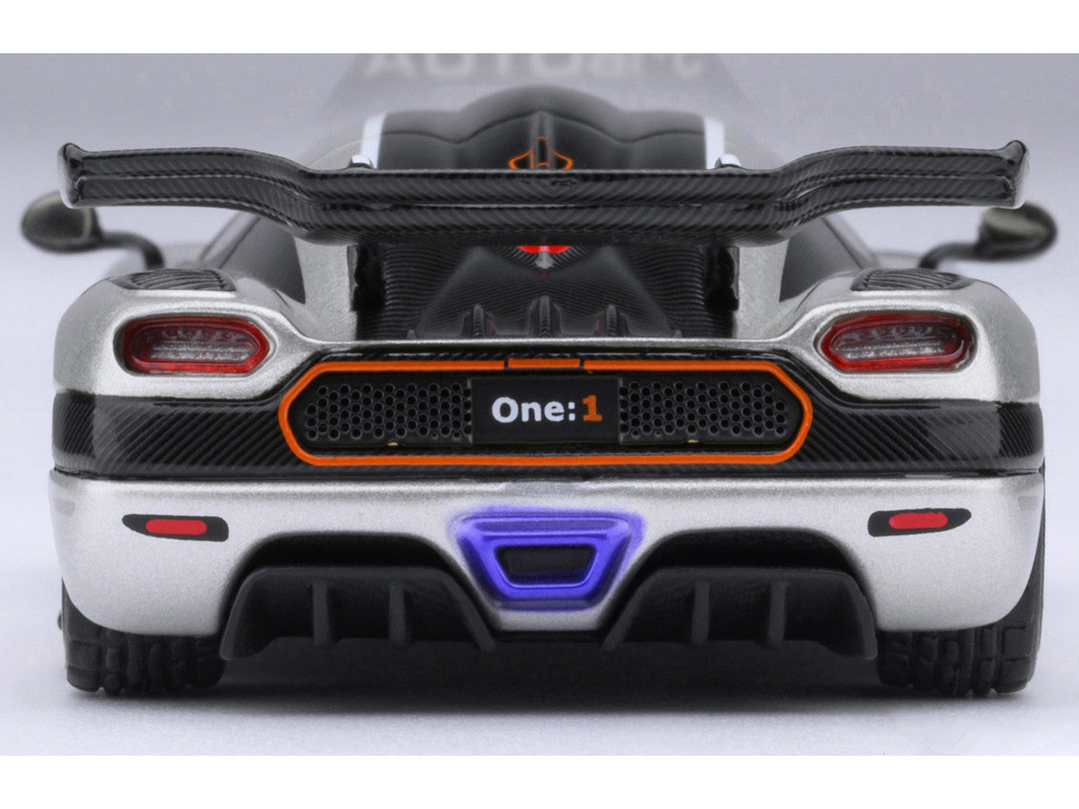 Koenigsegg One:1 Moon Gray Metallic with Carbon and Orange Stripes 1/64 Model Car by Autoart