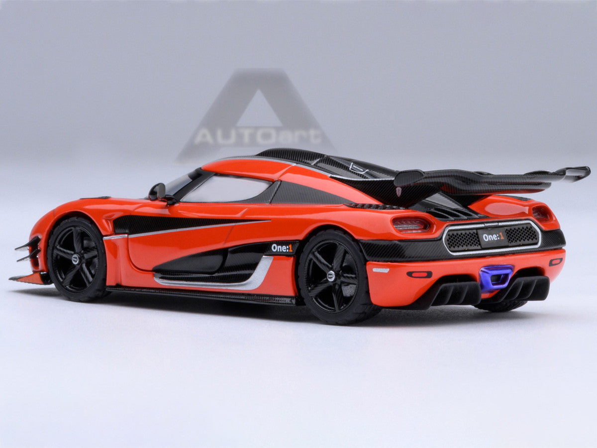 Koenigsegg One:1 Lava Orange with Carbon and Silver Stripes 1/64 Model Car by Autoart