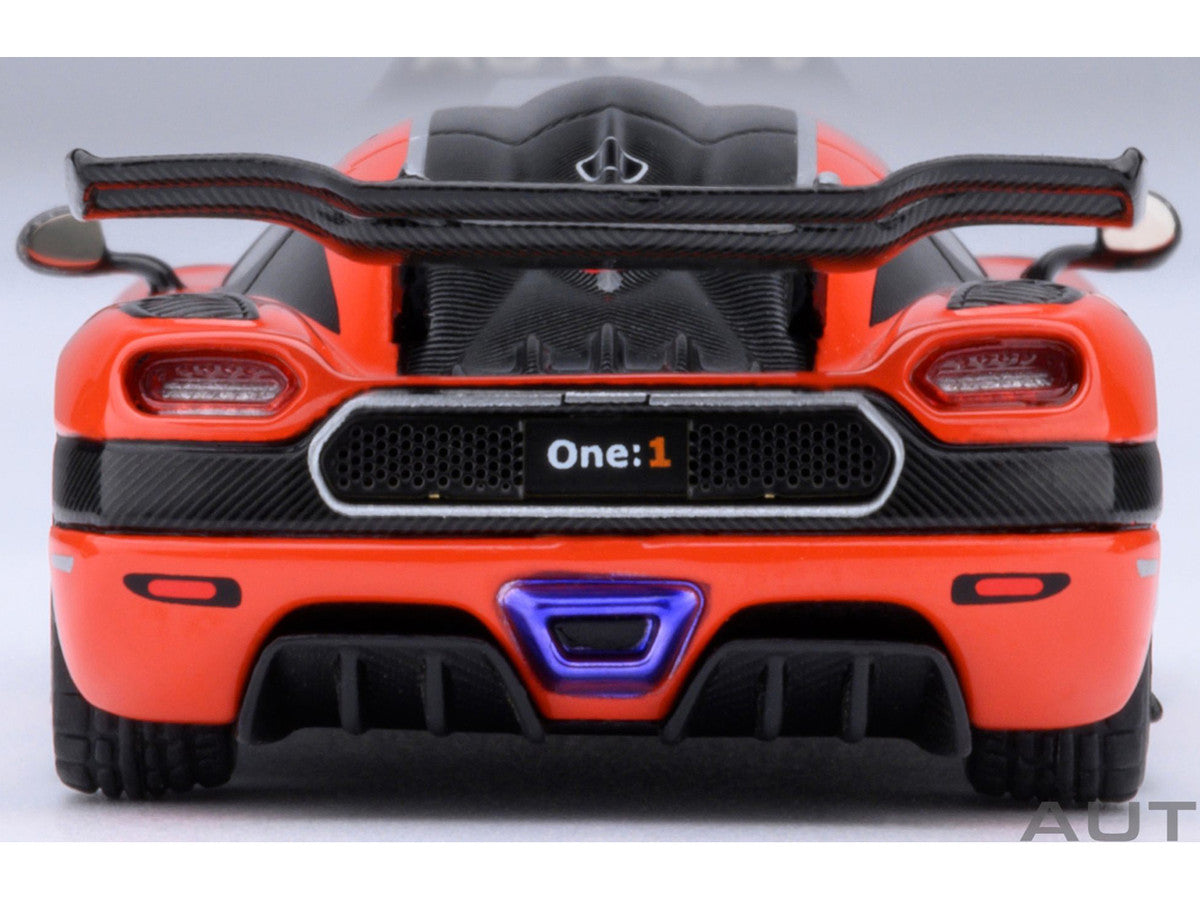 Koenigsegg One:1 Lava Orange with Carbon and Silver Stripes 1/64 Model Car by Autoart
