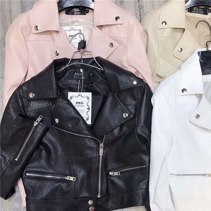 Motorcycle Leather Women's Short Slim Fit Plus Size Washed Leather Jacket