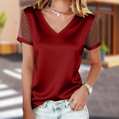 Solid-color V-neck Mesh Rhinestone-studded Short-sleeve T-shirt