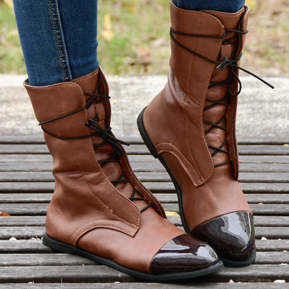 Mid-tube Locomotive Boots Lace-up Black Low-heeled