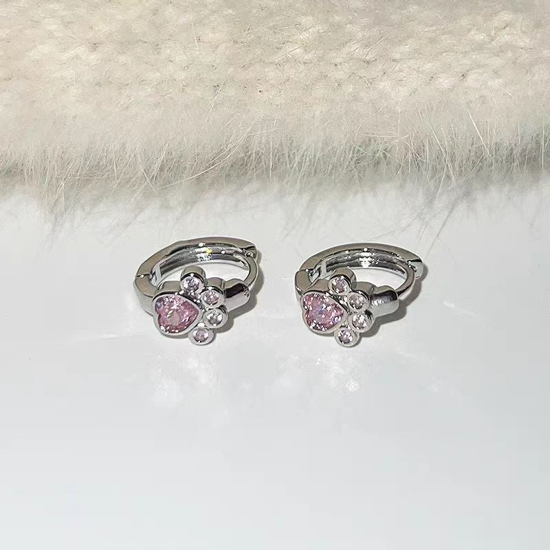 Female Diamond Studded Love Cat Foot Earrings