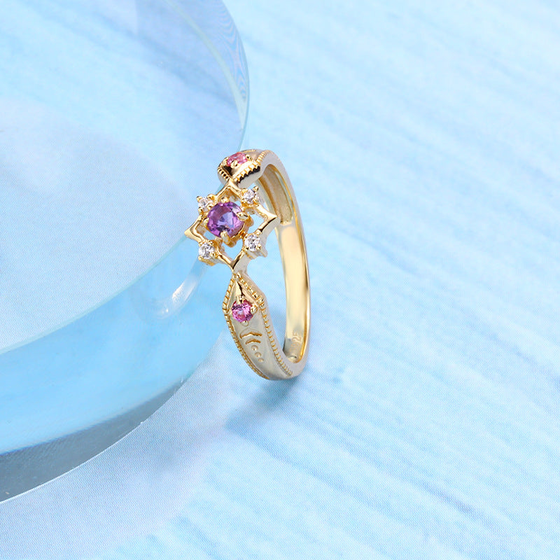 S925 Sterling Silver Amethyst Diamond Ring