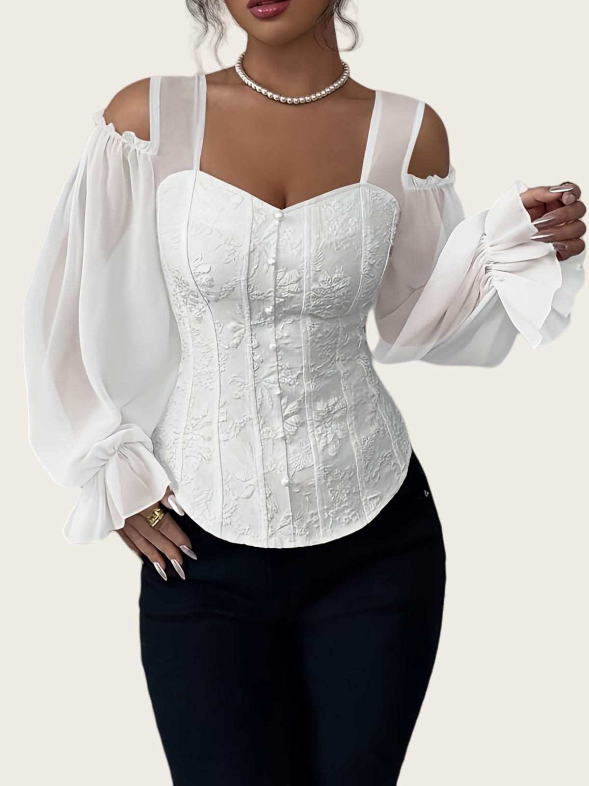 Elegant Off-Shoulder Floral Jacquard Blouse For Women