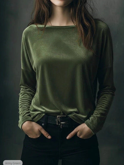 Female Solid Color Loose Fit Crew-neck Pullover Velvet T-shirt